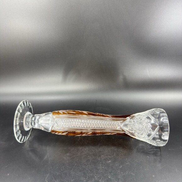 Vintage Czech Bohemian Glass Crystal Vase Vessel Amber Etching Floral Decor Vase - Picture 10 of 16
